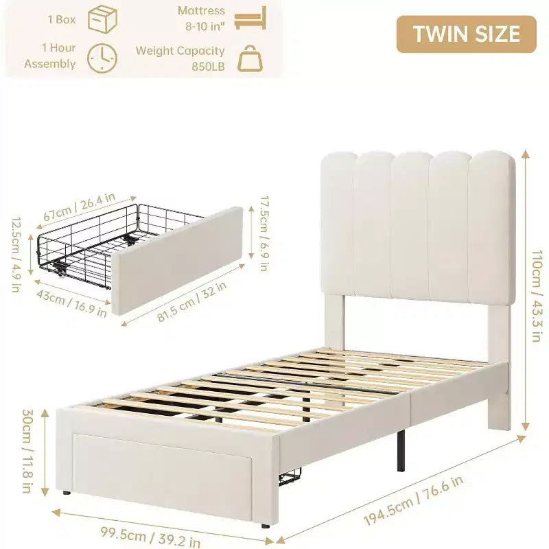 Beige Velvet Twin Bed Frame with Storage Drawer, Headboard, Slat Support, No Box Spring, Noise-Free, Easy Assembly