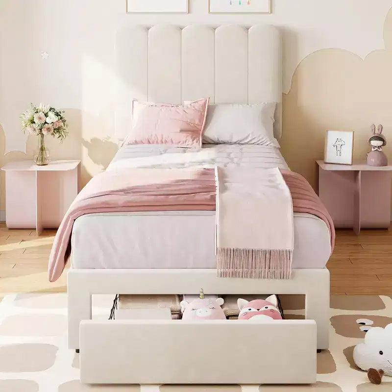 Beige Velvet Twin Bed Frame with Storage Drawer, Headboard, Slat Support, No Box Spring, Noise-Free, Easy Assembly