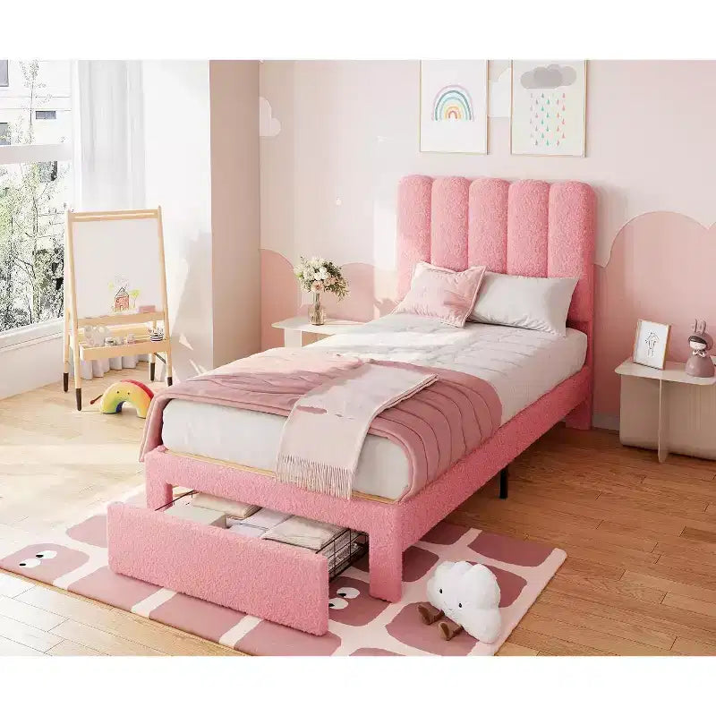 Beige Velvet Twin Bed Frame with Storage Drawer, Headboard, Slat Support, No Box Spring, Noise-Free, Easy Assembly