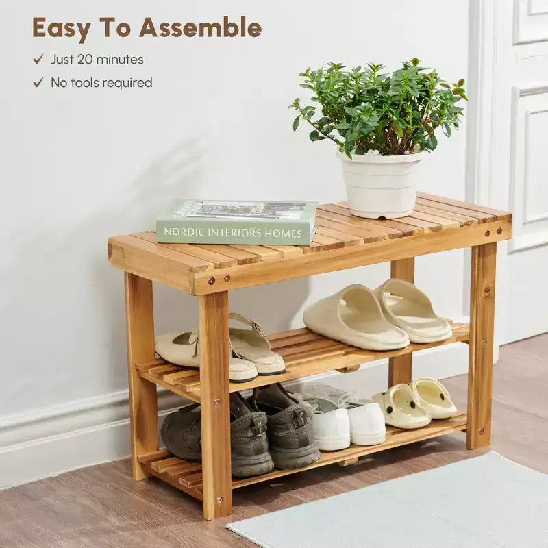 GDFStudio Dominic Rustic 3-Tier Acacia Wood Shoe Rack Bench