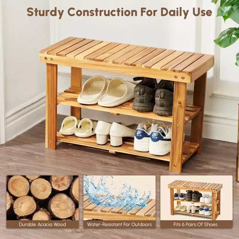 GDFStudio Dominic Rustic 3-Tier Acacia Wood Shoe Rack Bench