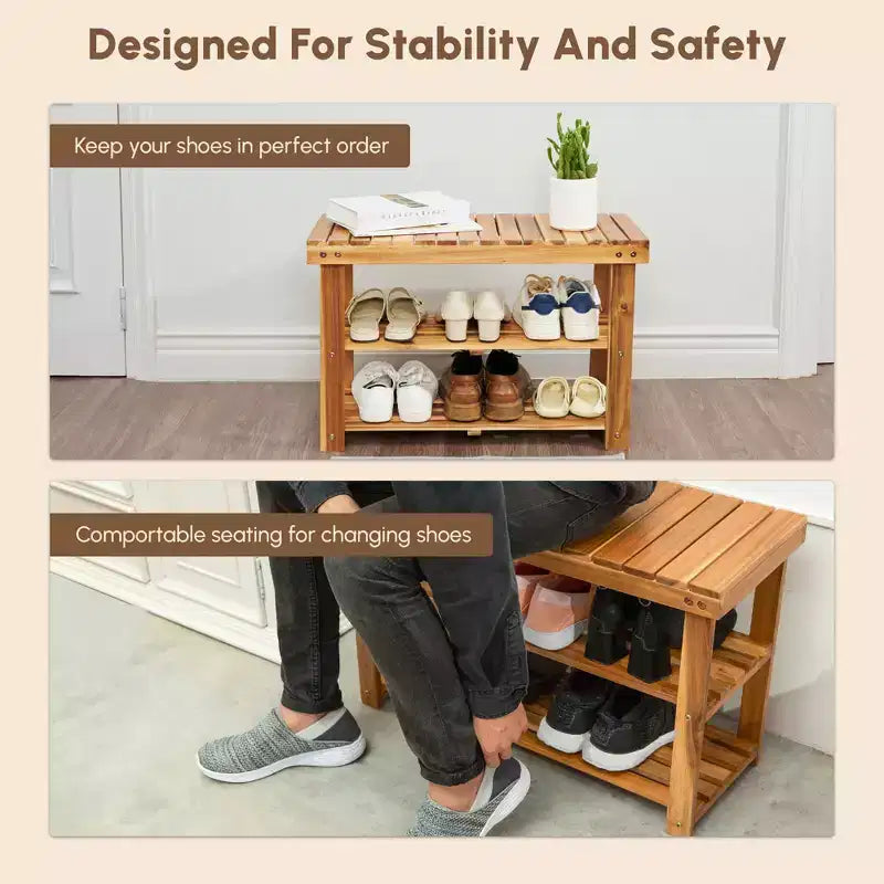 GDFStudio Dominic Rustic 3-Tier Acacia Wood Shoe Rack Bench