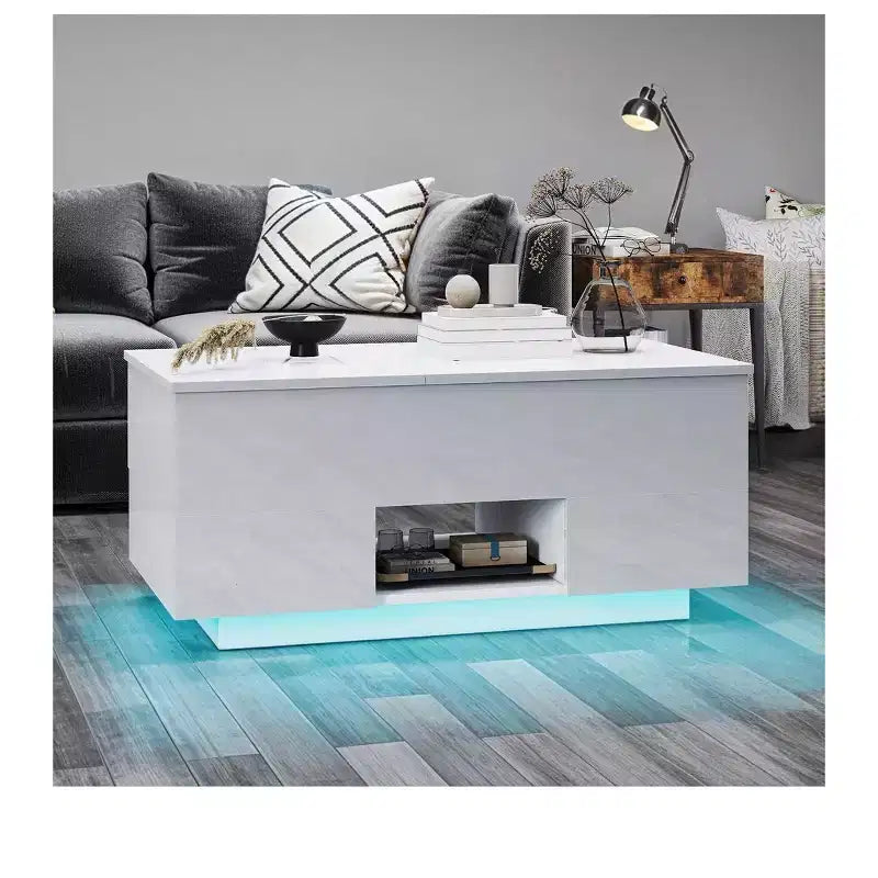 Rectangular LED Lift Top High Gloss Coffee Table With Charging Station and 2 Storage Drawers Open Shelf For Living Room