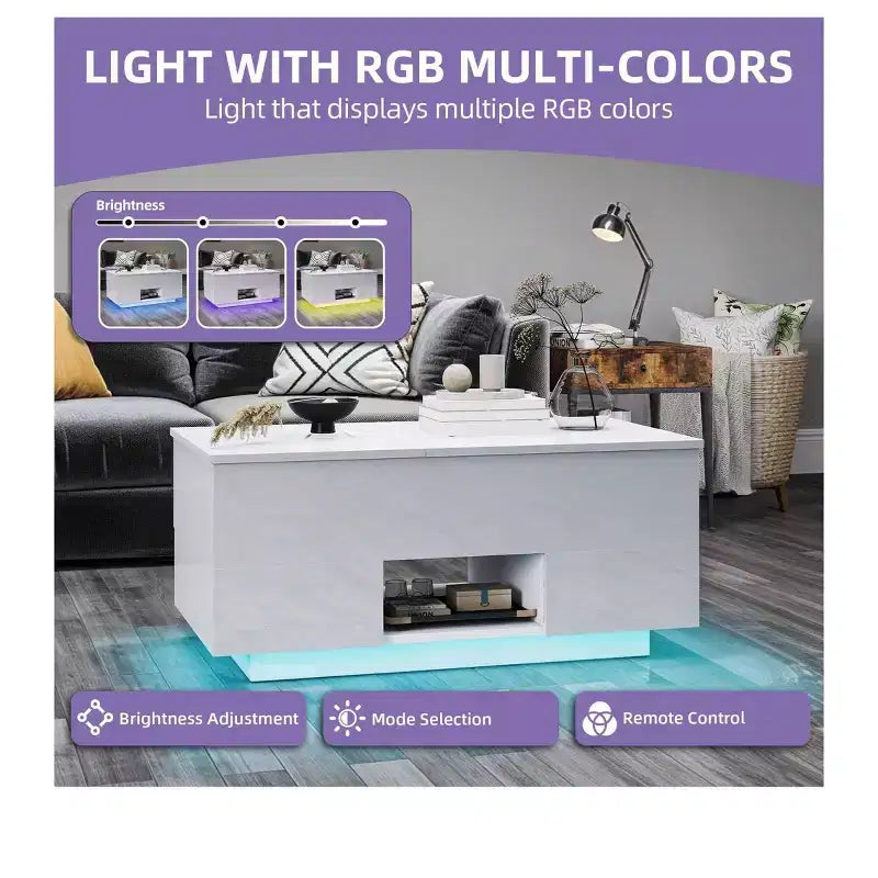 Rectangular LED Lift Top High Gloss Coffee Table With Charging Station and 2 Storage Drawers Open Shelf For Living Room