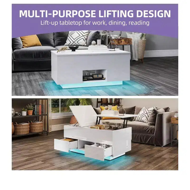 Rectangular LED Lift Top High Gloss Coffee Table With Charging Station and 2 Storage Drawers Open Shelf For Living Room