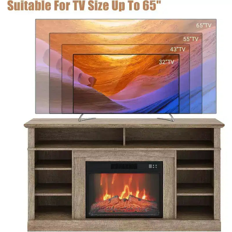 58 Farmhouse TV Stand Console Cabinet with Storage Shelves, 23 Fireplace with 3 Level Adjustable Flame for Living Room