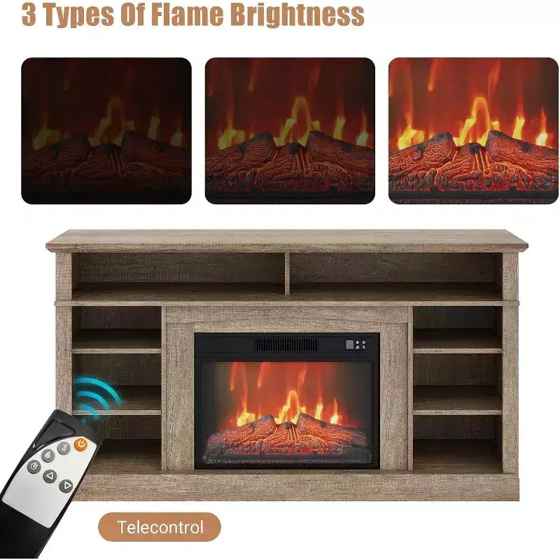 58 Farmhouse TV Stand Console Cabinet with Storage Shelves, 23 Fireplace with 3 Level Adjustable Flame for Living Room