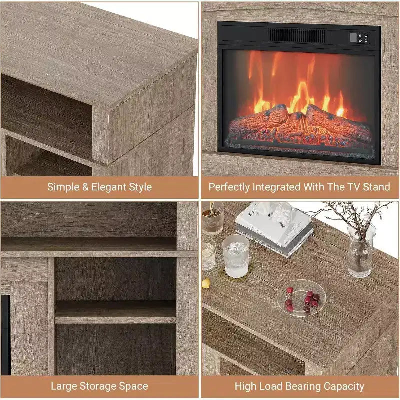 58 Farmhouse TV Stand Console Cabinet with Storage Shelves, 23 Fireplace with 3 Level Adjustable Flame for Living Room