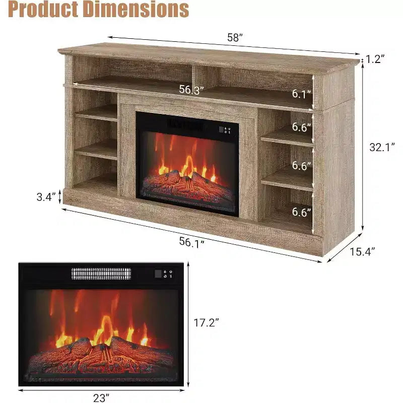 58 Farmhouse TV Stand Console Cabinet with Storage Shelves, 23 Fireplace with 3 Level Adjustable Flame for Living Room
