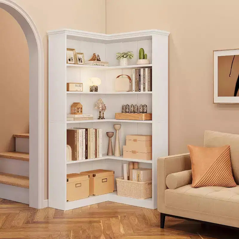 72.8in L-Shaped Corner Bookshelf,5-Tier Farmhouse Wood Bookcase,Space-Saving Storage Shelf with Anti-Tip Design,Half-Back Version
