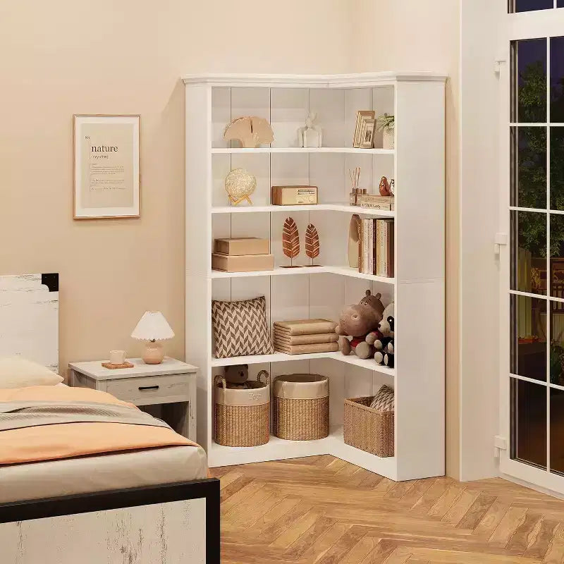 72.8in L-Shaped Corner Bookshelf,5-Tier Farmhouse Wood Bookcase,Space-Saving Storage Shelf with Anti-Tip Design,Half-Back Version