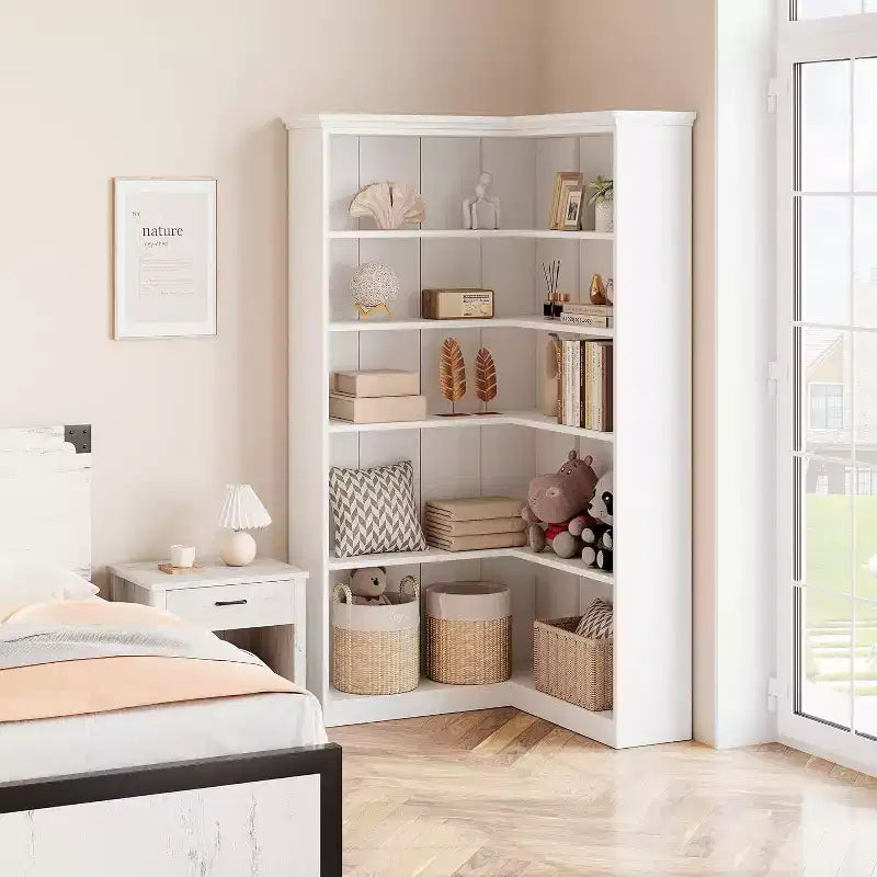 72.8in L-Shaped Corner Bookshelf,5-Tier Farmhouse Wood Bookcase,Space-Saving Storage Shelf with Anti-Tip Design,Half-Back Version