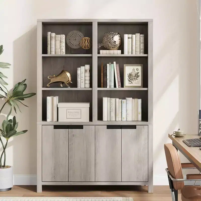 70.7 Inch High Bookshelf, 5-Tier Double-Width Bookcase with Cabinets and Double Storage Space, Wooden Bookcase for Living Room Office Library