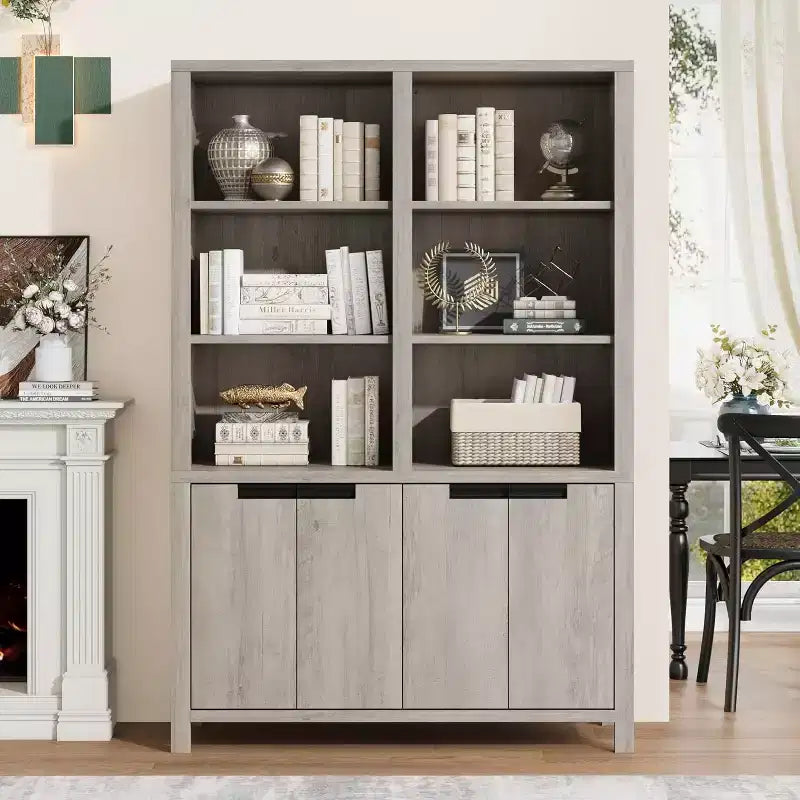 70.7 Inch High Bookshelf, 5-Tier Double-Width Bookcase with Cabinets and Double Storage Space, Wooden Bookcase for Living Room Office Library