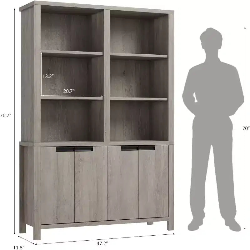 70.7 Inch High Bookshelf, 5-Tier Double-Width Bookcase with Cabinets and Double Storage Space, Wooden Bookcase for Living Room Office Library