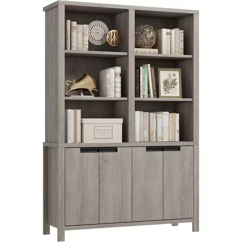 70.7 Inch High Bookshelf, 5-Tier Double-Width Bookcase with Cabinets and Double Storage Space, Wooden Bookcase for Living Room Office Library