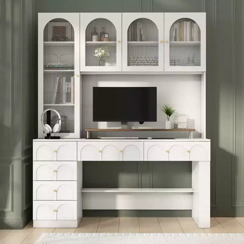 Hitow 63 White Desk with Hutch & Storage Arched Reeded Glass Doors, Anti-Tip Safety for Home Office