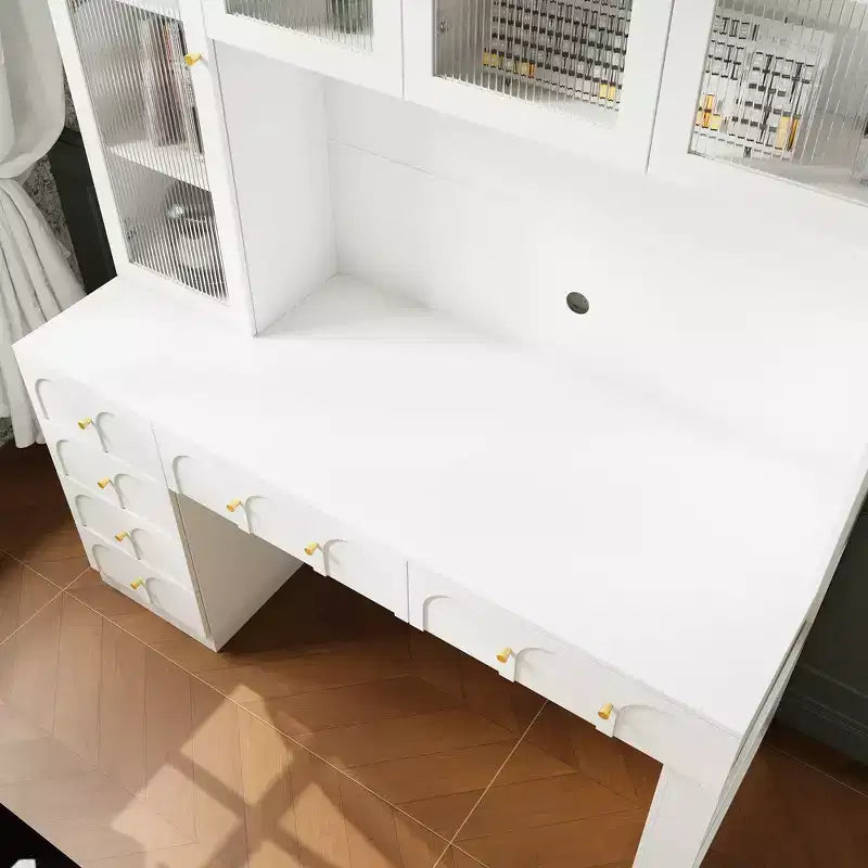 Hitow 63 White Desk with Hutch & Storage Arched Reeded Glass Doors, Anti-Tip Safety for Home Office