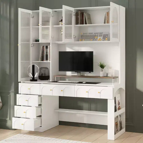 Hitow 63 White Desk with Hutch & Storage Arched Reeded Glass Doors, Anti-Tip Safety for Home Office