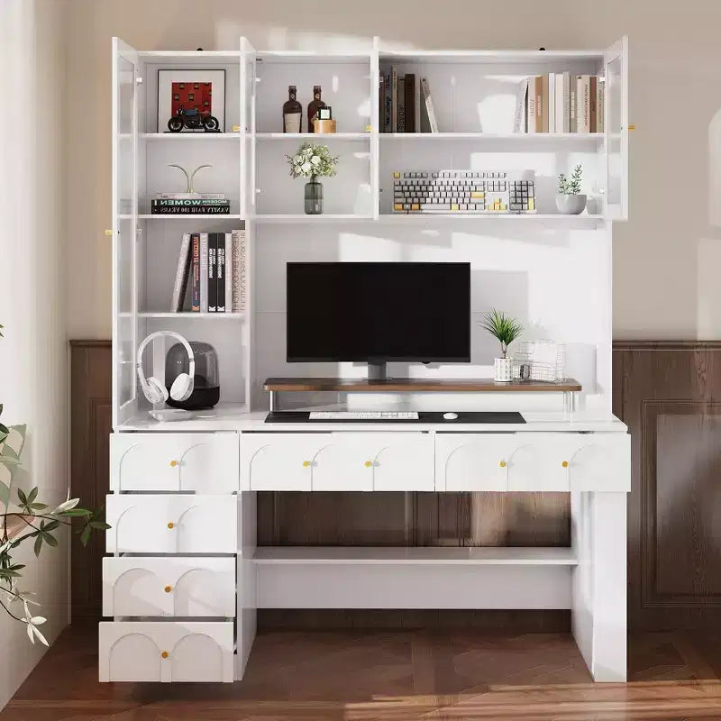 Hitow 63 White Desk with Hutch & Storage Arched Reeded Glass Doors, Anti-Tip Safety for Home Office