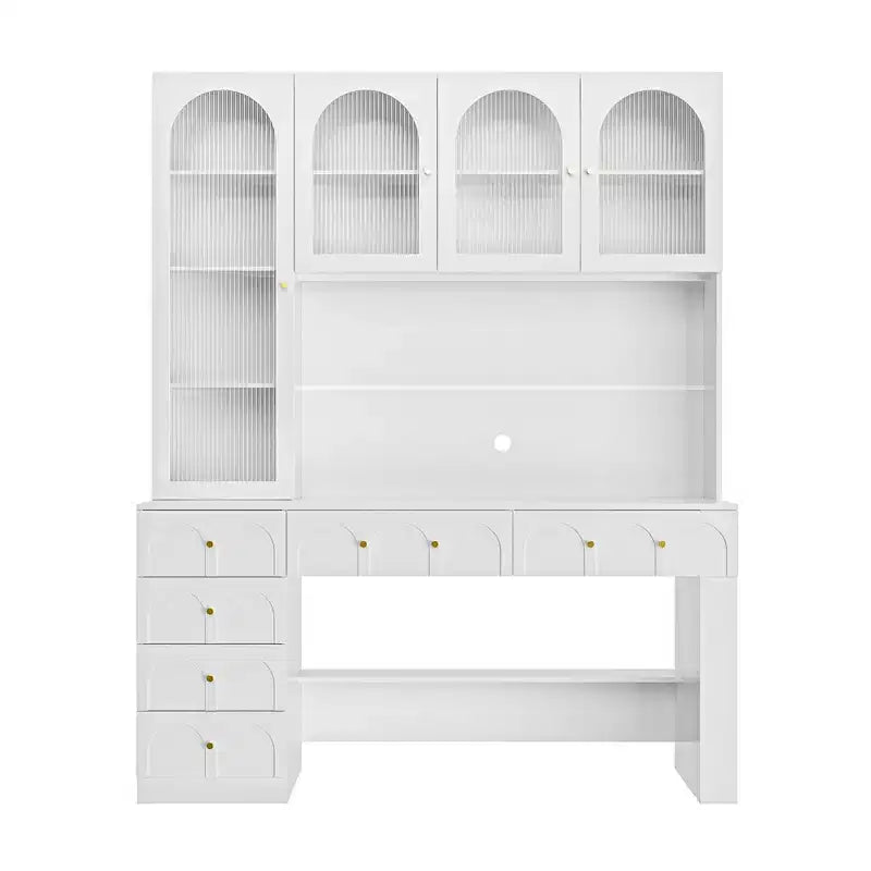 Hitow 63 White Desk with Hutch & Storage Arched Reeded Glass Doors, Anti-Tip Safety for Home Office
