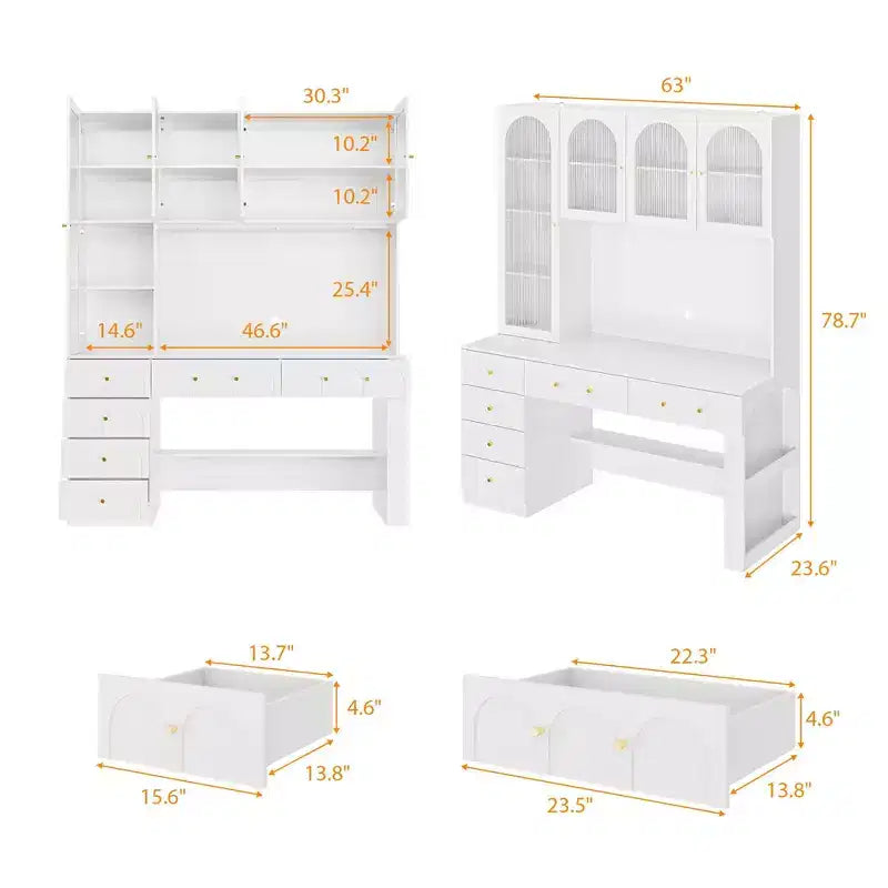 Hitow 63 White Desk with Hutch & Storage Arched Reeded Glass Doors, Anti-Tip Safety for Home Office