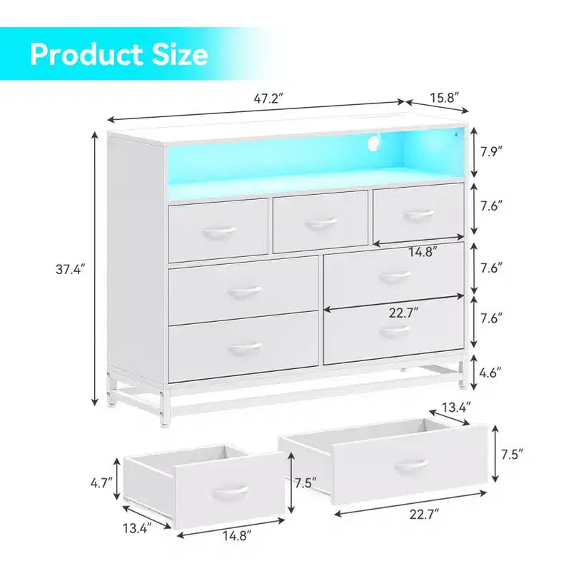 Dresser with 7 Drawers, Wooden Dresser with Led Lights Charging Station, Chest of Drawers with Capacity Storage for Bedroom, Living Room, Hallway