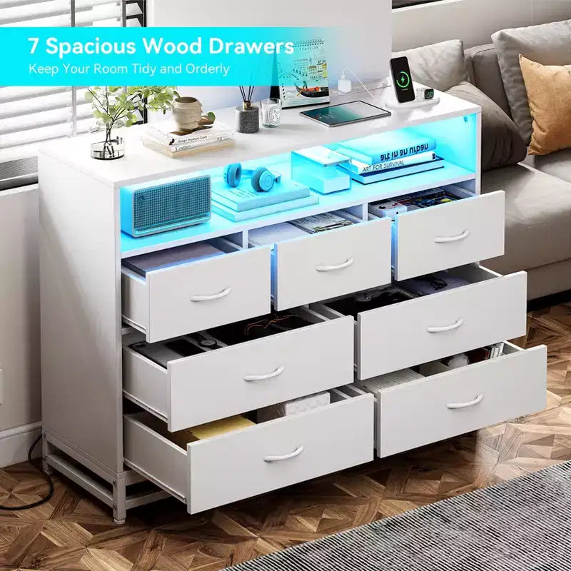 Dresser with 7 Drawers, Wooden Dresser with Led Lights Charging Station, Chest of Drawers with Capacity Storage for Bedroom, Living Room, Hallway