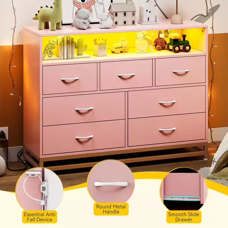 Dresser with 7 Drawers, Wooden Dresser with Led Lights Charging Station, Chest of Drawers with Capacity Storage for Bedroom, Living Room, Hallway