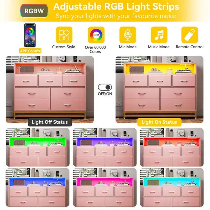 Dresser with 7 Drawers, Wooden Dresser with Led Lights Charging Station, Chest of Drawers with Capacity Storage for Bedroom, Living Room, Hallway