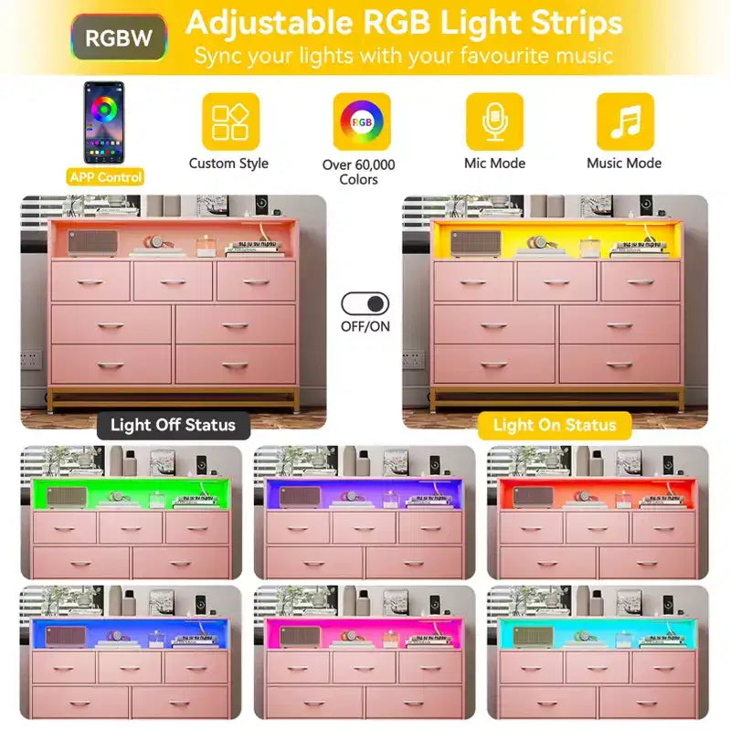 Dresser with 7 Drawers, Wooden Dresser with Led Lights Charging Station, Chest of Drawers with Capacity Storage for Bedroom, Living Room, Hallway
