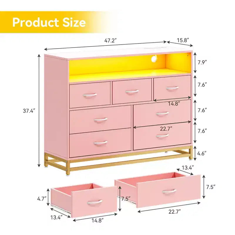 Dresser with 7 Drawers, Wooden Dresser with Led Lights Charging Station, Chest of Drawers with Capacity Storage for Bedroom, Living Room, Hallway