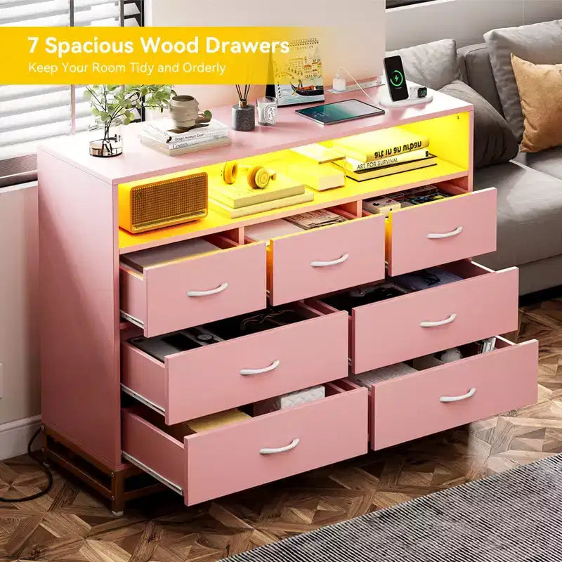 Dresser with 7 Drawers, Wooden Dresser with Led Lights Charging Station, Chest of Drawers with Capacity Storage for Bedroom, Living Room, Hallway