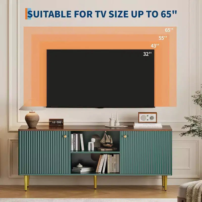 55'' Fluted TV Stand with 2 Doors & Adjustable Shelves, Wood TV Cabinet with Storage, TV Console Table Entertainment Unit for Living Room Apartment