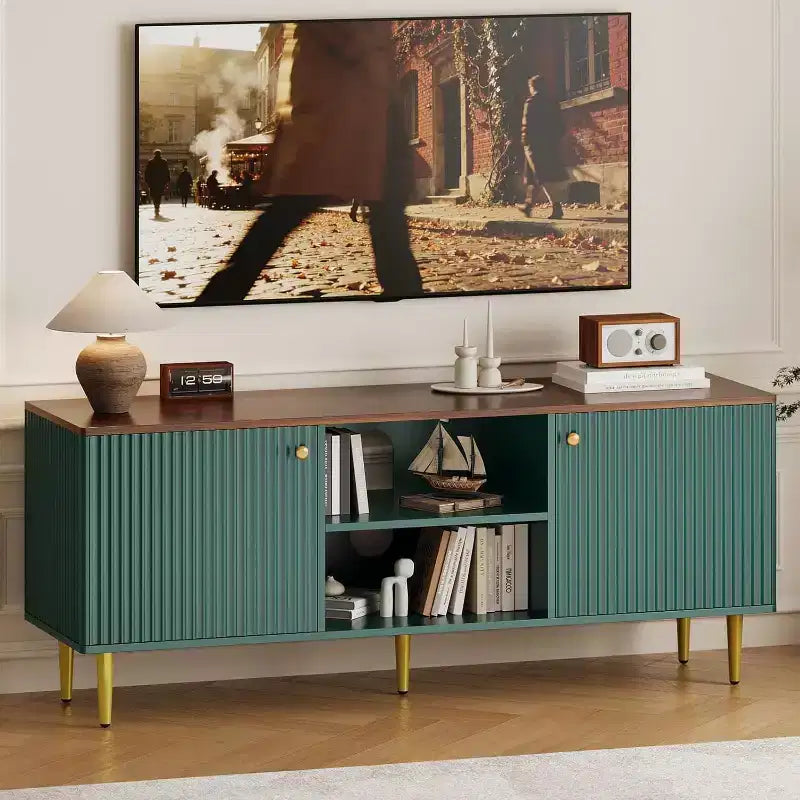 55'' Fluted TV Stand with 2 Doors & Adjustable Shelves, Wood TV Cabinet with Storage, TV Console Table Entertainment Unit for Living Room Apartment