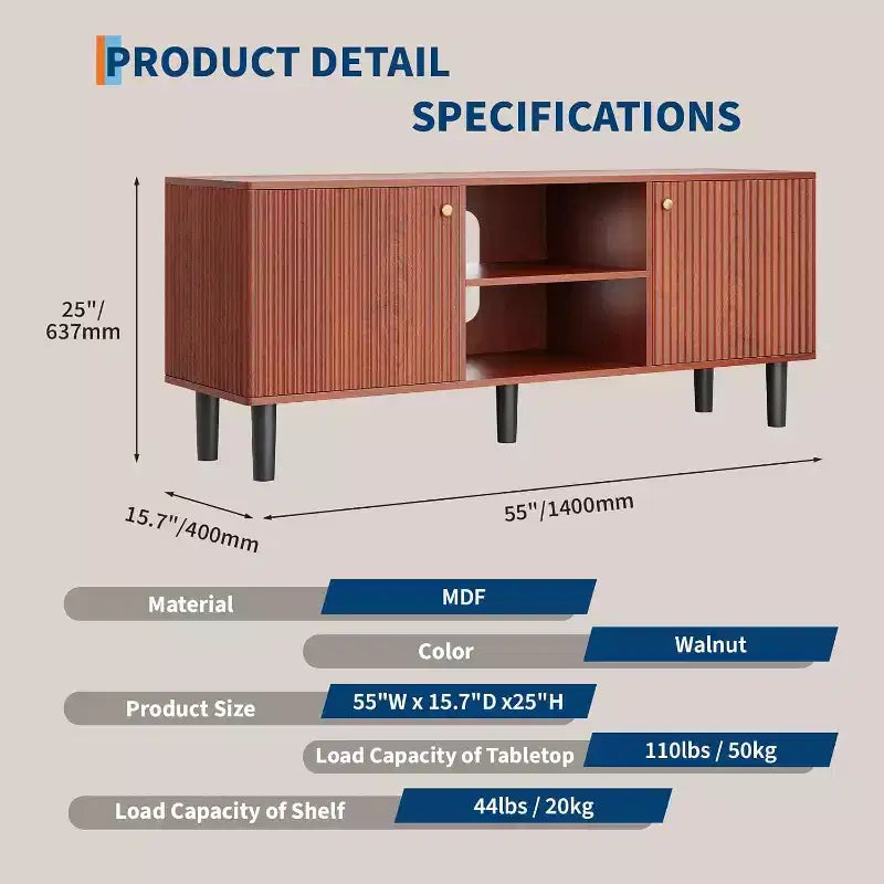 55'' Fluted TV Stand with 2 Doors & Adjustable Shelves, Wood TV Cabinet with Storage, TV Console Table Entertainment Unit for Living Room Apartment