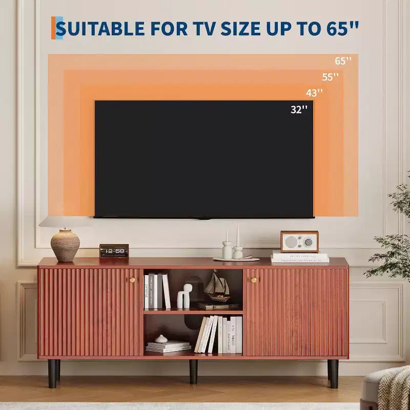 55'' Fluted TV Stand with 2 Doors & Adjustable Shelves, Wood TV Cabinet with Storage, TV Console Table Entertainment Unit for Living Room Apartment