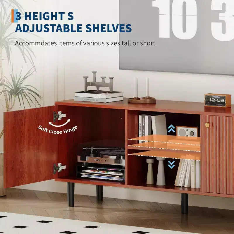 55'' Fluted TV Stand with 2 Doors & Adjustable Shelves, Wood TV Cabinet with Storage, TV Console Table Entertainment Unit for Living Room Apartment