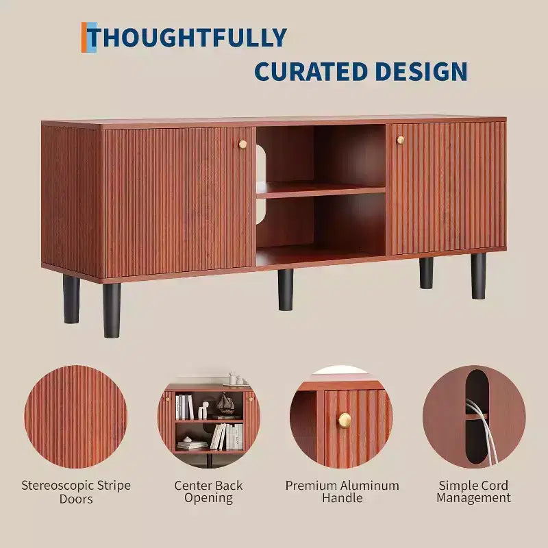 55'' Fluted TV Stand with 2 Doors & Adjustable Shelves, Wood TV Cabinet with Storage, TV Console Table Entertainment Unit for Living Room Apartment