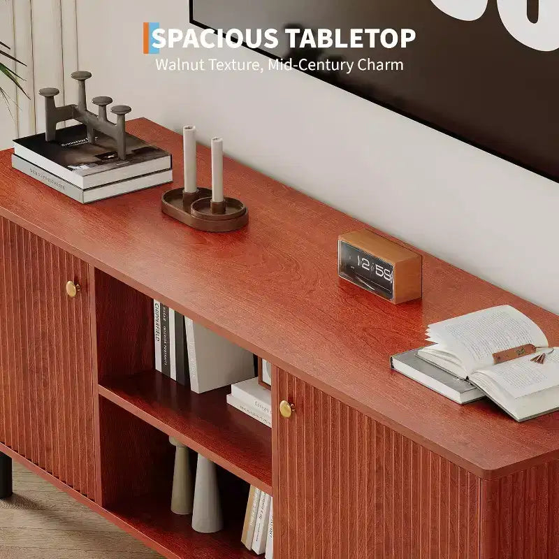 55'' Fluted TV Stand with 2 Doors & Adjustable Shelves, Wood TV Cabinet with Storage, TV Console Table Entertainment Unit for Living Room Apartment
