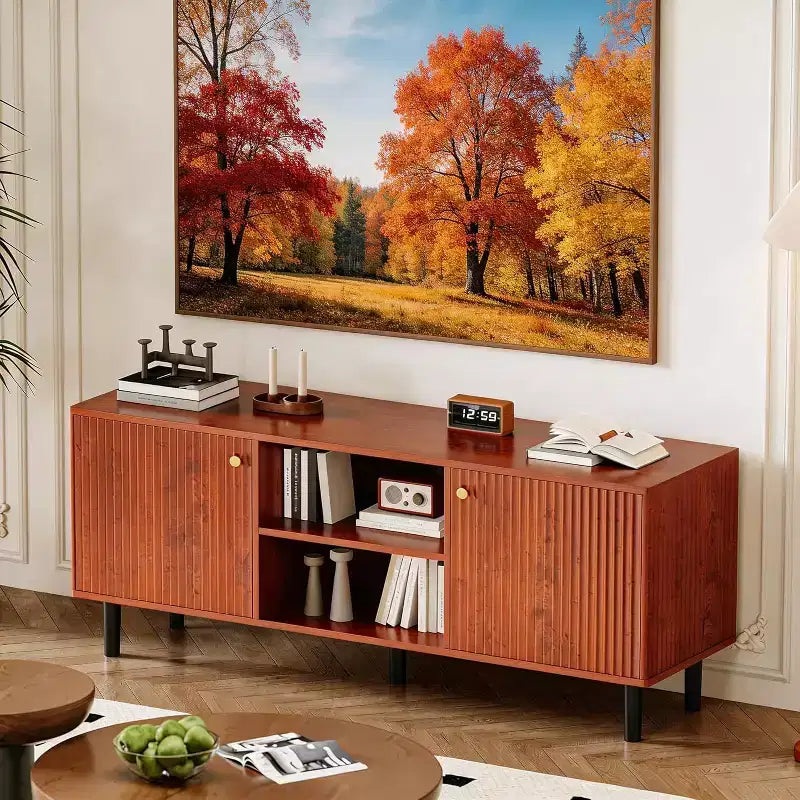 55'' Fluted TV Stand with 2 Doors & Adjustable Shelves, Wood TV Cabinet with Storage, TV Console Table Entertainment Unit for Living Room Apartment