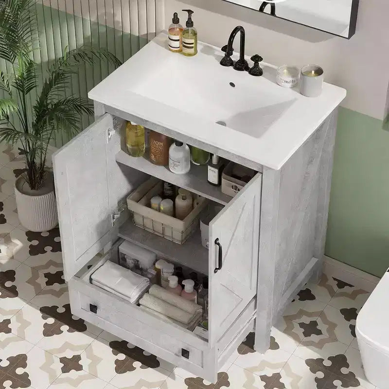 24/30 Inch Modern Vanity with Ceramic Sink 2 Doors 1 Drawer Freestanding Bathroom Cabinet Contemporary Design for Your Bathrooms