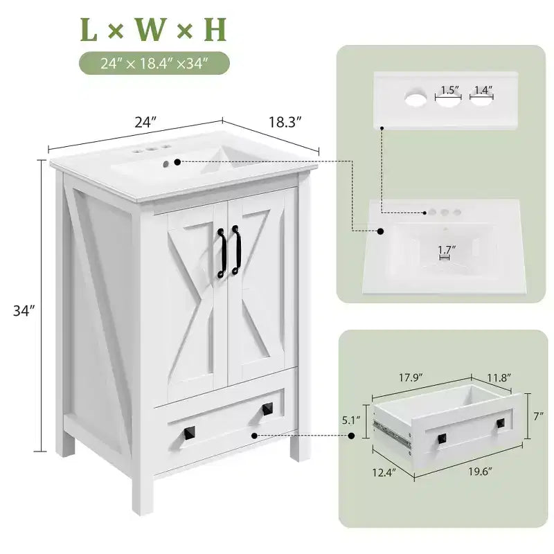 24/30 Inch Modern Vanity with Ceramic Sink 2 Doors 1 Drawer Freestanding Bathroom Cabinet Contemporary Design for Your Bathrooms