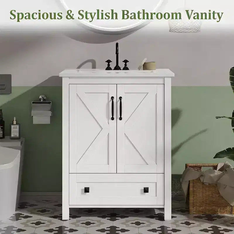 24/30 Inch Modern Vanity with Ceramic Sink 2 Doors 1 Drawer Freestanding Bathroom Cabinet Contemporary Design for Your Bathrooms