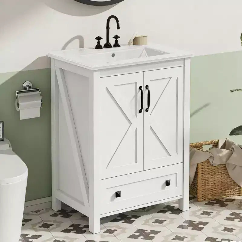 24/30 Inch Modern Vanity with Ceramic Sink 2 Doors 1 Drawer Freestanding Bathroom Cabinet Contemporary Design for Your Bathrooms