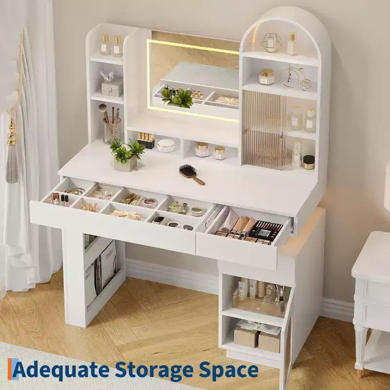 GustoWave Vanity Desk with Lighted Mirror, White Makeup Table with 3 Drawers & 11 Shelves, Vanity Stool for Bedroom
