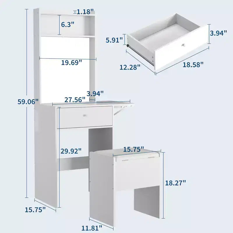 GustoWave White Vanity Desk with Large Mirror, Small Makeup Table with Fold-Up Panel, Storage Chair & Open Shelves for Bedroom