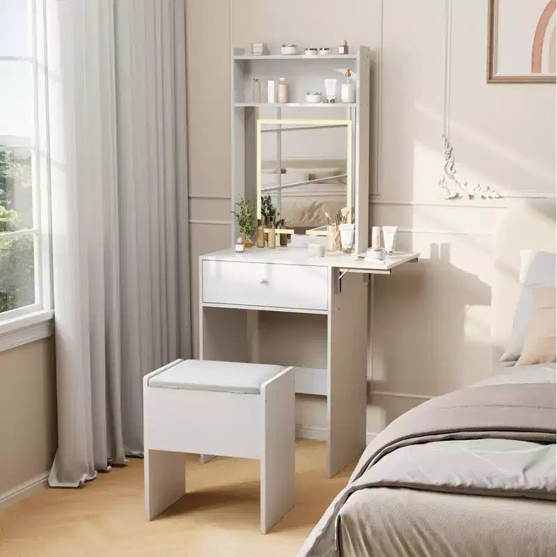 GustoWave White Vanity Desk with Large Mirror, Small Makeup Table with Fold-Up Panel, Storage Chair & Open Shelves for Bedroom