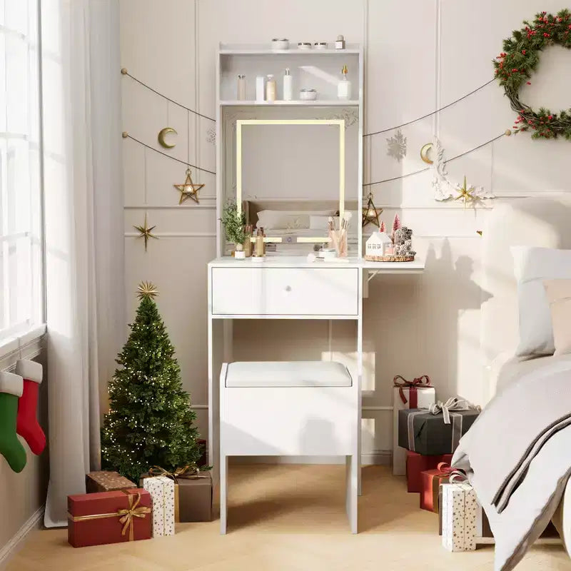 GustoWave White Vanity Desk with Large Mirror, Small Makeup Table with Fold-Up Panel, Storage Chair & Open Shelves for Bedroom