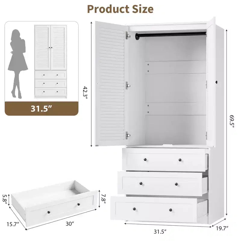 69.5 Tall White Armoire Wardrobe Closet w/ Drawers & Louvered Doors, Wooden Large Capacity Clothing Storage Cabinet & Hanging Rod for Bedroom